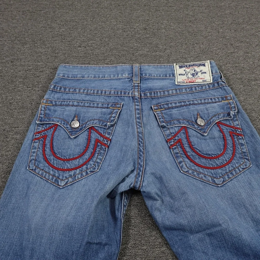 True Religion Jeans Mens 34 Blue Straight World Tour Horseshoe Stitch 34x29